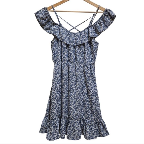 Julianas Dress M Blue Floral Ruffle Cold Shoulder Strappy Babydoll Y2K Fairycore - Picture 4 of 12